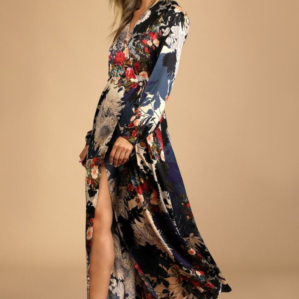 Lulu's Put On A Smile Navy Satin Wrap Dress